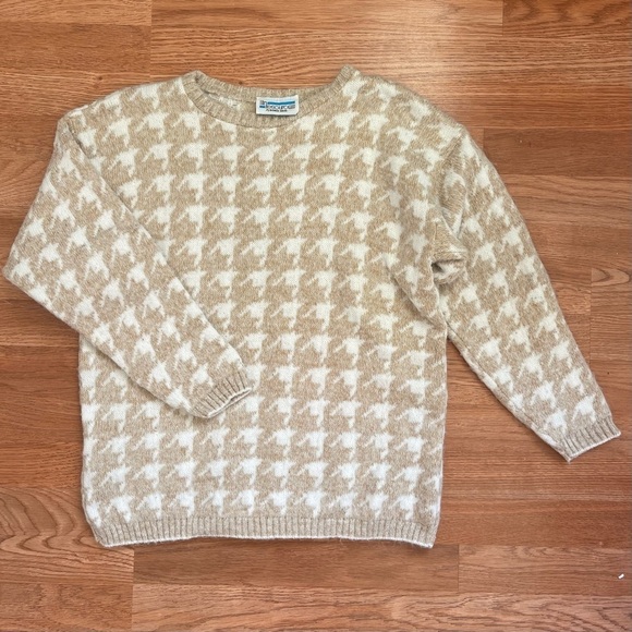 VINTAGE 80s In Resource by Doris Skis Tan Neutral Houndstooth Pullover Sweater - Picture 1 of 5